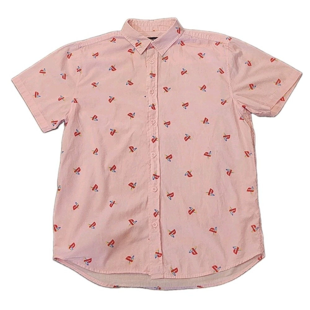 Sony PlayStation Men's Shirt Size L Pink Button Up Short Sleeve All Over Print